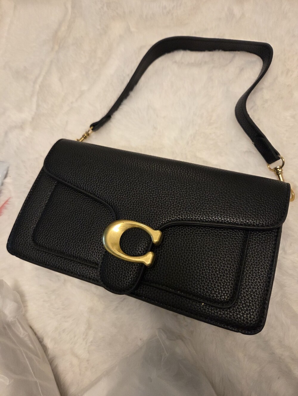 Coach Black Pebbled Leather Shoulder Bag with Gold 'C' Clasp
